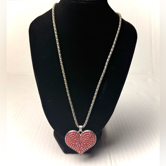 Brighton Jewelry - Brighton Valentine Puff Heart Necklace Red Crystals Silver Plated Chain Popcorn